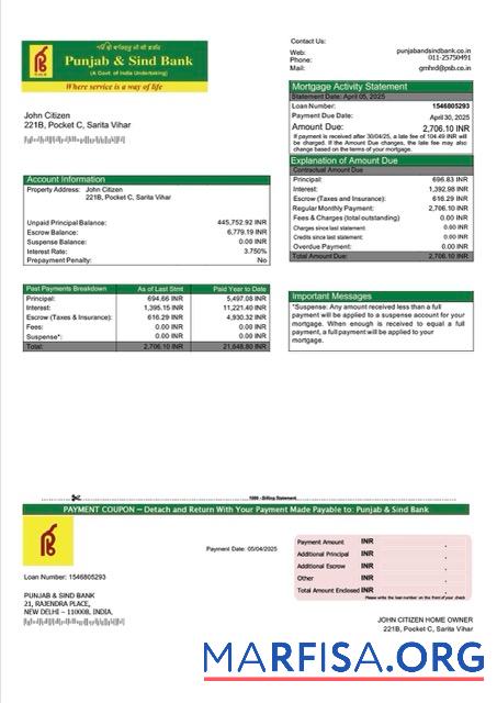 Downloadable India Punjab & Sind Bank mortgage statement Word and PDF template